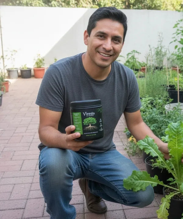 Andrés con Viresta en su patio